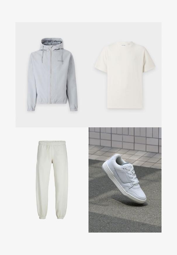 Veste zippée gris clair avec capuche, poignets élastiques et ourlet. Comprend des cordons de serrage et un petit logo sur la poitrine. Texture de tissu lisse.; T-shirt blanc à manches courtes en texture côtelée. Encolure ronde, coupe décontractée, sans motifs ni accents visibles. Design simple et polyvalent.; Pantalons de survêtement blancs en tissu doux, avec une taille et des poignets élastiques, présentant une texture lisse et un design ample.; Baskets en cuir blanc avec des côtés perforés, des accents texturés, des lacets plats et un talon gris contrasté. Présente une semelle légèrement surélevée.
