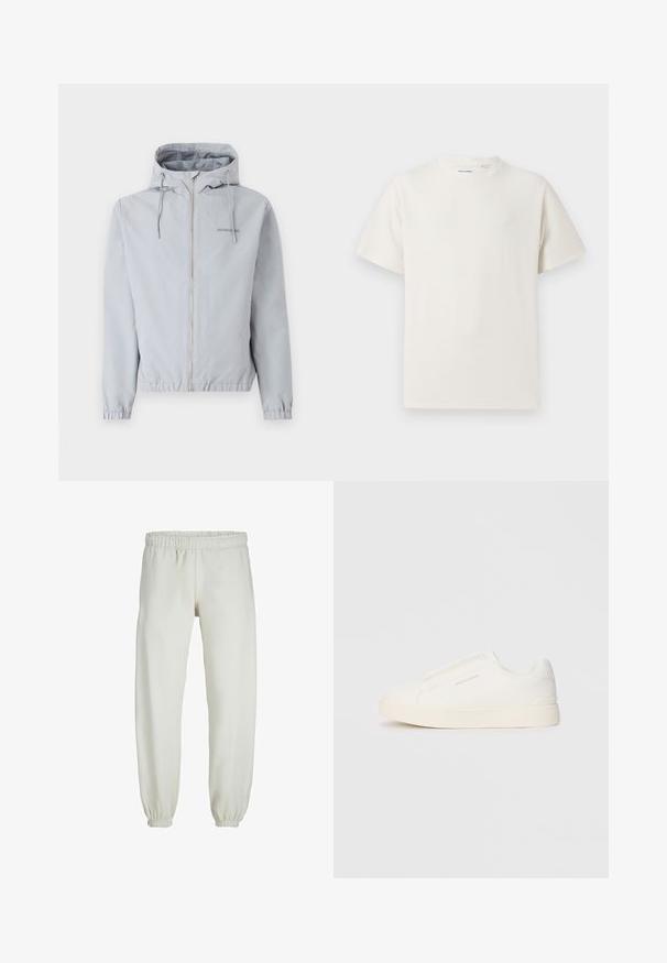 Giacca zip con cappuccio di un grigio chiaro, con polsini e orlo elasticizzati. Presenta coulisse e un piccolo logo sul petto. Tessuto morbido al tatto.; T-shirt bianca a maniche corte in texture a coste. Girocollo, vestibilità rilassata, senza modelli o accenti visibili. Design semplice e versatile.; Pantaloni tuta bianchi realizzati in tessuto morbido, dotati di vita e polsini elastici, con una texture liscia e una vestibilità ampia.; Sneakers bianchi slip-on con superficie texturizzata, suola spessa e design minimalista. Presentano il logo del marchio sul lato.