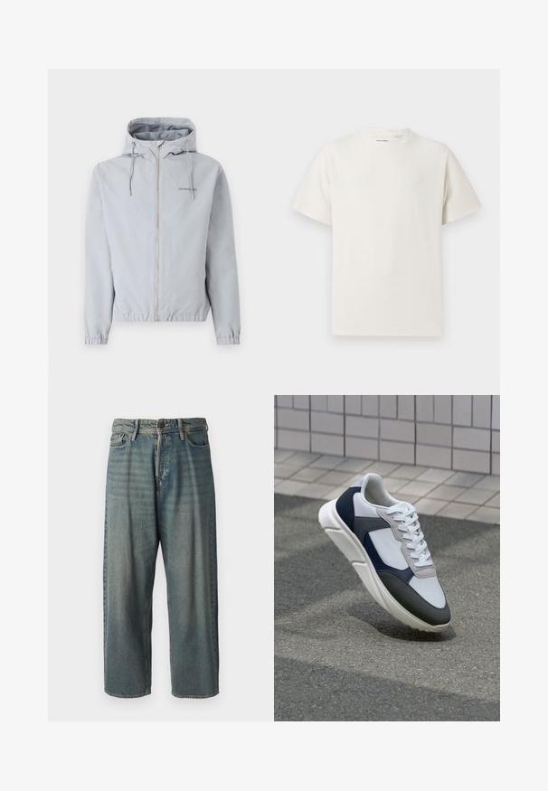 Jasnoszara kurtka zip-up z kapturem, elastycznymi mankietami i dołem. Posiada sznurki oraz małe logo na klatce piersiowej. Gładka tekstura materiału.; Biała krótka koszulka z krótkim rękawem o żebrowanej fakturze. Okrągły dekolt, luźny krój, brak widocznych wzorów lub akcentów. Prosty i uniwersalny design.; Jasnoniebieskie dżinsy o luźnym kroju, średnim stanie i prostych nogawkach. Posiadają pięć kieszeni, szlufki na pasek oraz zapięcie na guzik.; Białe, granatowe i szare sneakersy o mieszanej konstrukcji, z teksturowanym wierzchem, płaskimi sznurowadłami i amortyzowaną podeszwą.