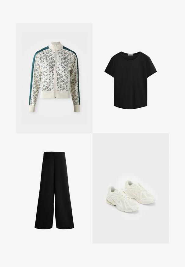 Giacca con corpo color crema caratterizzata da un motivo logo verde ripetuto, maniche di un verde scuro a contrasto, colletto alto e zip frontale.; Maglietta nera a maniche corte con scollo rotondo e dettagli in rete forata sulle spalle. Tessuto morbido, vestibilità comoda, orlo curvo.; Pantaloni neri a gamba larga realizzati in tessuto morbido. Caratterizzati da vita alta e tessitura liscia con linee pulite, offrono una vestibilità ampia e rilassata.; Scarpe sportive bianche realizzate in materiali sintetici e in rete, con lacci, colletto imbottito e suola testurizzata per migliorare la grip. Costruzione leggera.