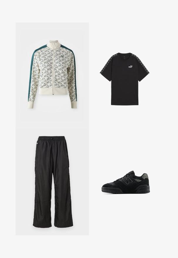 Chaqueta con un cuerpo crema y un patrón repetitivo de logotipos verdes, mangas de un verde oscuro que contrastan, un cuello alto y una cremallera frontal.; Camiseta negra de manga corta hecha de algodón. Presenta el logo blanco de Puma en el pecho y acentos decorativos en los hombros. Corte estándar y cuello redondo.; Pantalones de chándal ligeros de nylon negro con cinturilla elástica y corte recto holgado, mostrados sobre un fondo blanco liso.; Zapatilla negra de perfil bajo con suela texturizada, diseño de cordones, paneles de gamuza y acentos con patrón en el talón y el logo lateral.