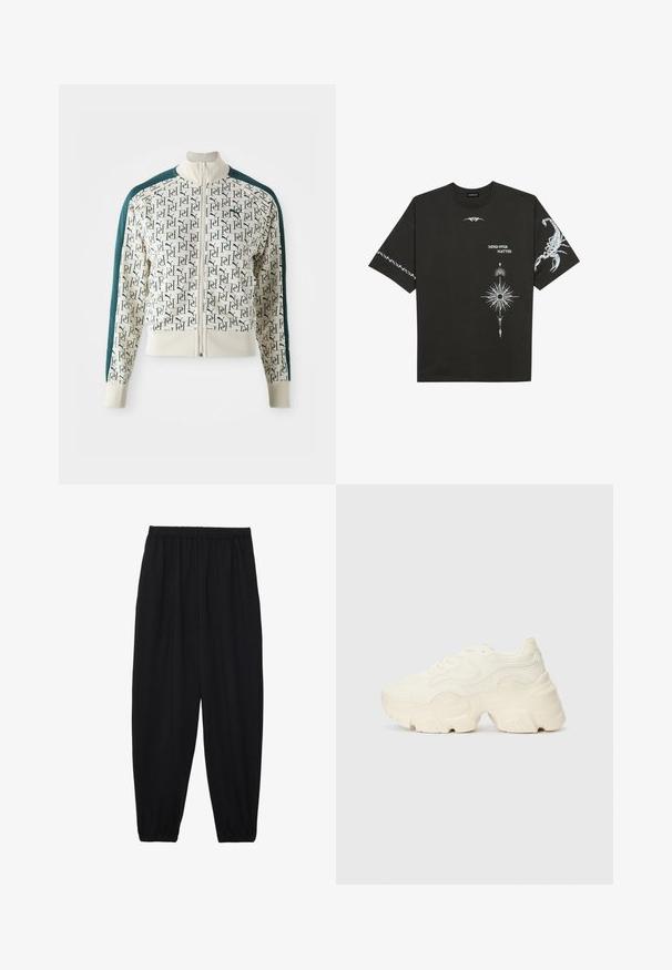 Jaka ar krēmkrāsas ķermeni un atkārtotu zaļo logo rakstu, kontrastējošām tumši zaļām piedurknēm, augstu apkakli un priekšējo rāvējslēdzēju.; Melnas kokvilnas T-krekls ar baltajiem grafiskajiem printiem, tostarp skorpiona un abstraktiem dizainiem. Īsas piedurknes; apaļa kakla izgriezums.; Melnas, vieglas bikses ar elastīgu jostu un savilktiem potītiem. Audums ir gluds un to raksturo brīva, sašaurināta forma.; Masīvi balti sportisti, kas izgatavoti no strukturēta sieta un sintētiskajiem materiāliem, ar biezu zoli un sarežģītām rakstu detaļām gar sāniem.