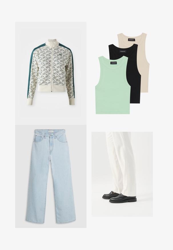 Chaqueta con un cuerpo crema y un patrón repetitivo de logotipos verdes, mangas de un verde oscuro que contrastan, un cuello alto y una cremallera frontal.; Tres camisetas sin mangas en verde menta, negro y beige; hechas de tela acanalada con un escote redondo. Etiqueta de la marca visible.; Vaqueros de mezclilla azul claro de pierna ancha con cintura alta, con cierre de botón y cremallera, doble bolsillo delantero y detalles de costura sutiles.; Mocasines de cuero negro con una textura suave, detalles de costura y punta redondeada, combinados con pantalones blancos ajustados.