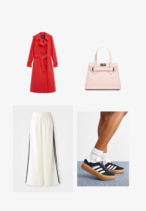 Červený trench coat z hladkého materiálu s opaskom v páse, dvojradovým zapínaním a ramennými epauletmi. Má dlhé rukávy a bočné vrecká.; Zkrátený pulover z krémového materiálu, s vysokým golierom, polovičným zipsom, elastickým lemom a manžetami, s hladkou textúrou a minimalistickým dizajnom.; Biele široké nohavice s elastickým pásom a čiernymi vertikálnymi pruhmi pozdĺž vonkajších švov.; Čierne semišové tenisky s bielymi pruhmi a detailmi, so zaoblenou špičkou, podrážkou z gumovej gumy, doplnené bielymi rebrovanými ponožkami.; Ružová štruktúrovaná kabelka vyrobená z textúrovej kože, obsahujúca dve horné uši, uzatváranie na zapínanie a kontrastné kovové akcenty.