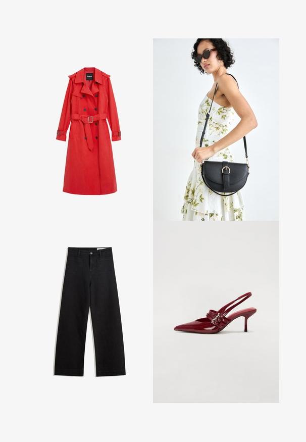 Cappotto trench rosso realizzato in materiale liscio con vita regolabile e cintura, bottoni doppi e spalline. Presenta maniche lunghe e tasche laterali.; Blusa bianca con un design a spalla unica, caratterizzata da un'accento floreale su un lato e un lungo pannello legato in vita. Texture liscia.; Pantaloni in denim neri a gamba larga con vita alta, dotati di tasche anteriori e posteriori, cuciture a punto, e chiusura con bottone. Texture liscia.; Décolleté slingback in vernice rossa con punta affusolata, due cinturini con fibbia e un sottile tacco a stiletto di media altezza. Texture liscia.; Borsa a tracolla nera in pelle con una forma curva, manico rimovibile e accessori dorati. La borsa presenta una patta con un dettaglio a fibbia.