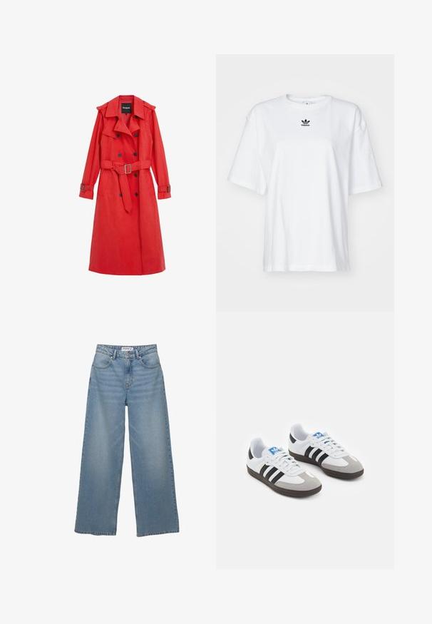 Trench coat roșu din material neted, cu talie bătută, nasturi dubli și epoleți pe umeri. Dispune de mâneci lungi și buzunare laterale.; Tricou alb cu mânecă scurtă, fabricat din bumbac. Are un guler rotund și un mic logo negru Adidas pe piept. Tiv drept.; Jeans largi de un albastru deschis, fabricate din denim. Au talie înaltă, cinci buzunare și croială dreaptă, cu o decolorare minimă.; Încălțăminte sport cu un superior din piele albă, vârf din suede gri și trei dungi negre. Prezintă un logo albastru pe limbă și o talpă din cauciuc texturat.