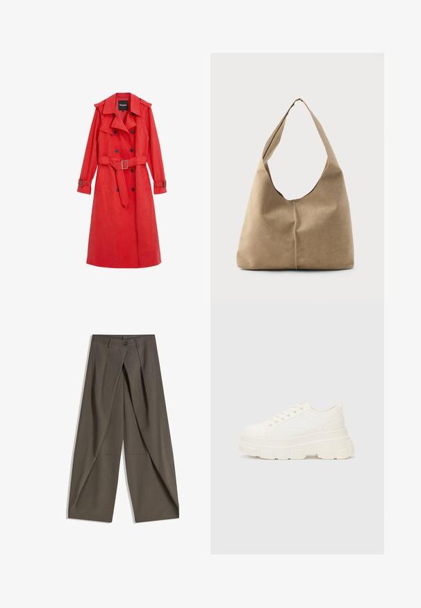 Vörös trench coat sima anyagból, övvel a deréknál, dupla soros gombokkal és vállpántokkal. Hosszú ujjak és oldalsó zsebek jellemzik.; Világos bézs, rövid ujjú póló, kerek nyakkivágással, puha, sima anyagból készült. Lazán illeszkedő szabással és egyenes szegéllyel rendelkezik.; Bő szárú nadrág, textúrált, sötétszürke anyagból. Elöl pliszé, gombos záródás és oldalsó zsebek biztosítják a praktikusságot.; Fehér vászon sportcipő vastag talppal, lekerekített orral és öt fűzőlyukkal. Hátulján egy fül a könnyű felvétel érdekében. Simára kidolgozott textúra, minimális dizájn.; Puha bézs velúr hobo táska laza formával, széles vállpánttal és kézzel varrt varrási részlettel az elején.