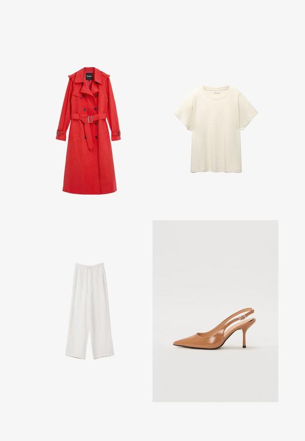 Cappotto trench rosso realizzato in materiale liscio con vita regolabile e cintura, bottoni doppi e spalline. Presenta maniche lunghe e tasche laterali.; Maglietta a maniche corte beige chiaro con scollatura rotonda, realizzata in un tessuto morbido e liscio. Presenta una vestibilità comoda e un orlo dritto.; Pantaloni a gamba larga bianchi realizzati in un tessuto leggero. Presentano una vita elastica con cordoncino e tasche laterali. Texture liscia.; Tacco slingback a punta affusolata in un materiale tan liscio e lucido. Presenta un design con ritaglio curvo e un sottile tacco a stiletto. Dettaglio con fibbia argentata.