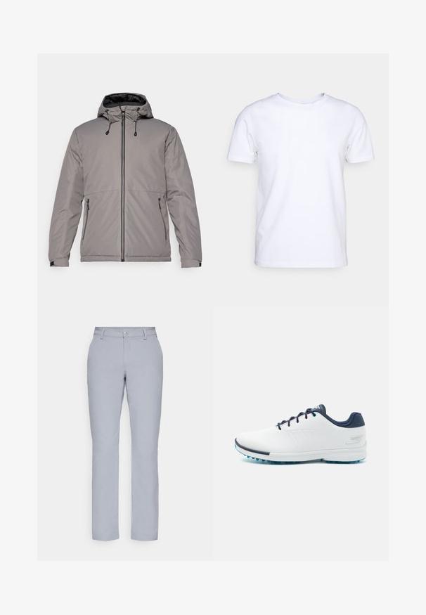 Graue Daunenjacke mit Kapuze, frontale Reißverschlussöffnung, zwei Seitentaschen und Kordelzüge für eine anpassbare Passform. Glatte Textur und leichtes Design.; Weißes T-Shirt mit kurzen Ärmeln aus Baumwollstoff und rundem Halsausschnitt. Schlichtes Design ohne Muster oder Akzente. Glatte Textur.; Hellgraue Hose mit geradem Schnitt, Knopfverschluss, Fronttaschen und einem glatten, strukturierten Stoff. Minimalistisches Design, keine Muster.; Weiße Sportschuhe mit einem glatten synthetischen Obermaterial, blauen Akzenten, strukturiertem marineblauen Absatz und einer leichten, genoppten Sohle für besseren Halt.