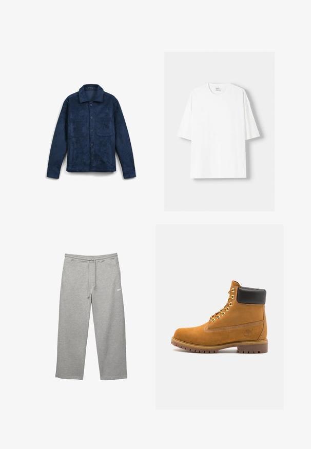 Marineblaues Jacket mit strukturierter Oberfläche, Knopfverschluss und zwei Vorderfächern. Mit Punktkragen und langen Ärmeln.; Weißes kurzärmliges T-Shirt aus Baumwolle mit Rundhalsausschnitt und lockerer Passform. Glatte Textur, ohne sichtbare Muster oder Akzente.; Graue Sweatpants aus weichem Stoff mit elastischem Bund, verstellbarem Kordelzug und Seitentaschen. Mit einem kleinen weißen Logo.; Beige Wildleder-Ankle-Boot mit schwarzem gepolstertem Kragen, goldenen Metallösen, weißen Nähdetalben und einer robusten Gummisohle mit ausgeprägtem Profil.