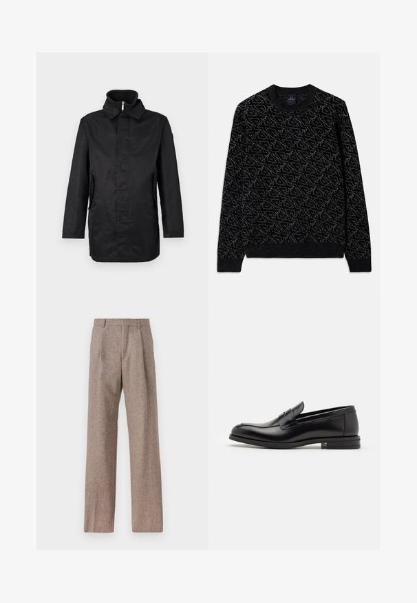 Cappotto impermeabile nero con colletto, chiusura a scatto frontale, tasche laterali e tessuto testurizzato. Design semplice con una vestibilità ampia.; Maglione nero con un motivo testurizzato di un verde scuro. Presenta un collo a giro, maniche lunghe e polsini e orlo a coste.; Pantaloni marroni a vita alta realizzati in tessuto testurizzato. Presentano gambe ampie e due pieghe frontali per struttura. Rifinitura curata senza hardware visibile.; Mocassini neri in pelle con una texture liscia, punta arrotondata e una striscia decorativa sulla tomaia. Tacco basso impilato, design minimalista.
