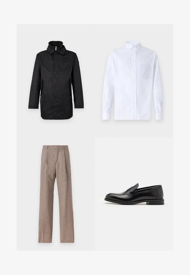 Cabană neagră impermeabilă cu guler, închidere frontală cu capse, buzunare laterale și țesătură texturată. Design simplu cu o croială lejeră.; Cămașă albă cu mânecă lungă, din bumbac, prevăzută cu un buzunar pe piept cu broderie tonală, guler și manșete cu buton.; Pantaloni bej, cu talie înaltă, dintr-un material texturat. Prezintă picioare late și două pliseuri frontale pentru structură. Finisaj îngrijit, fără accesorii vizibile.; Mocasini din piele neagră cu o textură netedă, vârf rotund și o curea decorativă peste partea superioară. Toc mic, design minimalist.