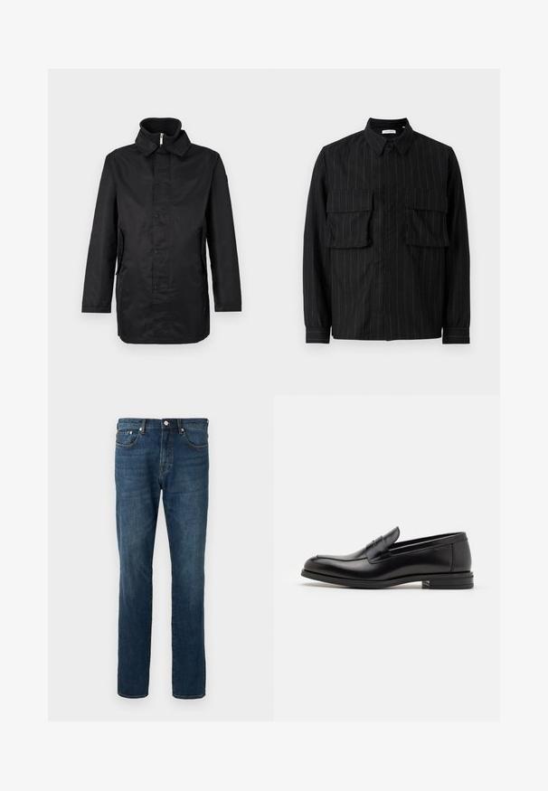 Black waterproof coat with a collar, front snap closure, side pockets, and textured fabric. Simple design with a loose fit.; Black long-sleeve shirt featuring vertical pinstripes, two chest pockets, a collared neckline, and button closure. Soft, textured fabric.; Dark blue denim jeans, straight-leg design, five pockets, button-fly closure, with subtle fading and stitching details. Smooth texture.; Black leather loafers with a smooth texture, rounded toe, and a decorative strap across the vamp. Low stacked heel, minimalist design.