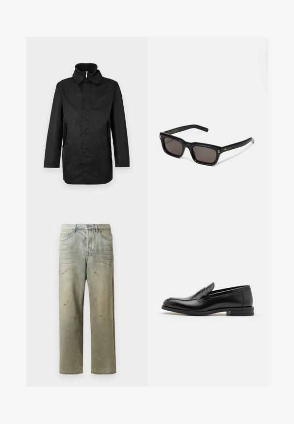 Fekete vízálló kabát, gallérral, elől patent zárással, oldalsó zsebekkel és texturált anyagból. Egyszerű dizájn, laza fazon.; Tengerészkék pamut póló, kerek nyakkivágással és rövid ujjal, sima textúrával és egyszerű dizájnnal, látható minták vagy díszítések nélkül.; Fakó zöld, kopott farmerszadrág, egyenes lábbal, ötk zsebes kialakítással, egyenetlen kopással és festékcseppekkel.; Fekete bőr loaferek sima textúrával, kerek orral és dekoratív pánttal a vampnál. Alacsony, rétegelt sarkú, minimalista dizájn.; Fekete téglalap alakú napszemüveg sötét lencsékkel, vastag műanyag keret, arany díszítések a szárakon, és a márka logója gravírozva a szára.