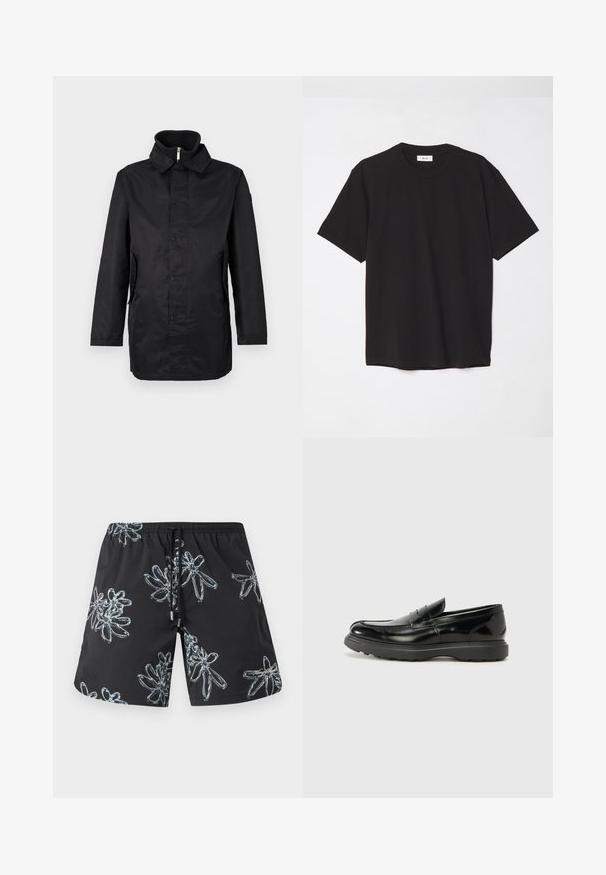 Čierny nepremokavý kabát s golierom, predným zapínaním na cvoky, bočnými vreckami a textúrovanou látkou. Jednoduchý dizajn s voľným strihom.; Čierne bavlnené tričko s okrúhlym výstrihom, krátkymi rukávmi a voľným strihom. Jednoduchý dizajn, hladká textúra a žiadne viditeľné vzory ani logá.; Čierne plavky s lesklým kvetinovým vzorom v svetlosivej farbe. Elastický pás s nastaviteľnou šnúrkou a detailom loga na dolnej pravej strane.; Čierne kožené mokasíny s lesklým povrchom, okrúhlou špicou, subtilnými švami a hrubou gumovou podrážkou pre zvýšenú odolnosť.