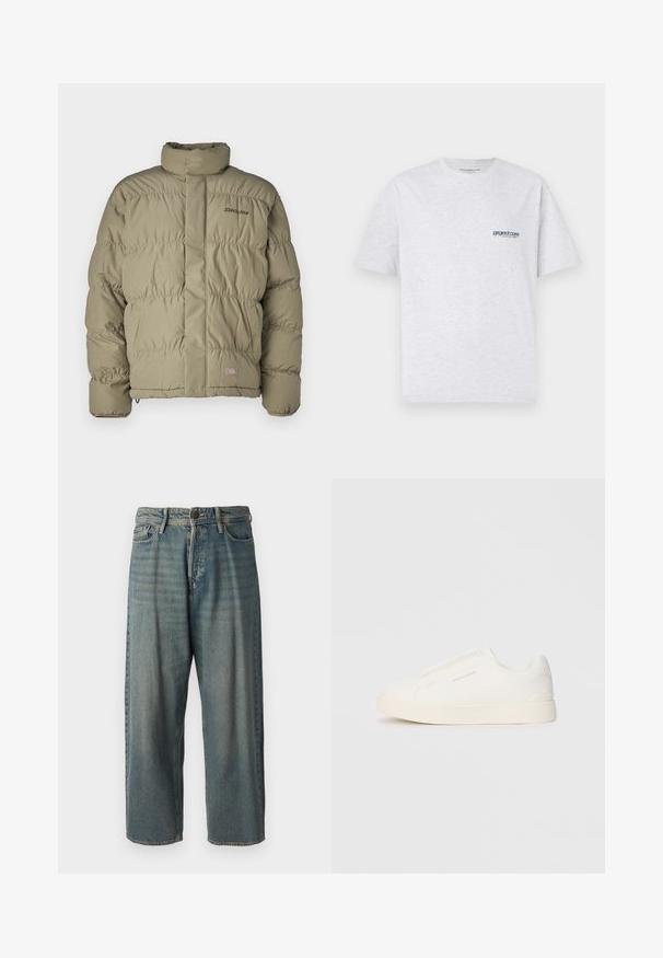 Alyvuogių spalvos pūkinė striukė, turinti aukštą apykaklę, užtrauktuką priekyje ir elastines rankogalius. Dizainas apima horizontaliai siūtas dalis ir logotipo detalę.; Pilkas trumpas rankovėmis marškinėliai su mažo mėlyno "project core" logotipu kairėje krūtinės pusėje, pristatytas ant vientiso fono.; Šviesiai mėlyni džinsai su laisvu siluetu, vidutinio aukščio juosmeniu ir tiesiomis kojomis. Su penkiais kišenėmis, diržo kilpo ir mygtukų uždarymu.; Baltos slip-on sportbačiai su tekstūruota paviršiumi, storesniu padu ir minimalistišku dizainu. Šone matosi prekės ženklo logotipas.