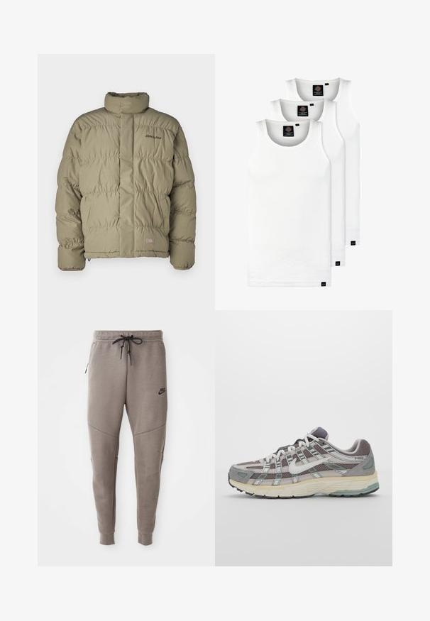 Kurtka puchowa w oliwkowym kolorze, z wysokim kołnierzem, zamek z przodu i elastycznymi mankietami. Projekt obejmuje poziome pikowane sekcje i detal z logo.; Trzy białe prążkowane koszulki na ramiączkach wykonane z bawełny. Posiadają okrągły dekolt i małe czarne metki blisko dolnego brzegu. Dostępne w różnych rozmiarach.; Szare dresy Nike z elastycznym pasem ze sznurkowym zapięciem, zwężanymi nogawkami, bocznymi kieszeniami i wyraźnymi detalami szwów. Miękka, teksturowana tkanina.; Szare buty sportowe z siateczkowym i zamszowym wierzchem, białymi akcentami, amortyzowaną podeszwą oraz charakterystycznym designem z elementami odblaskowymi.