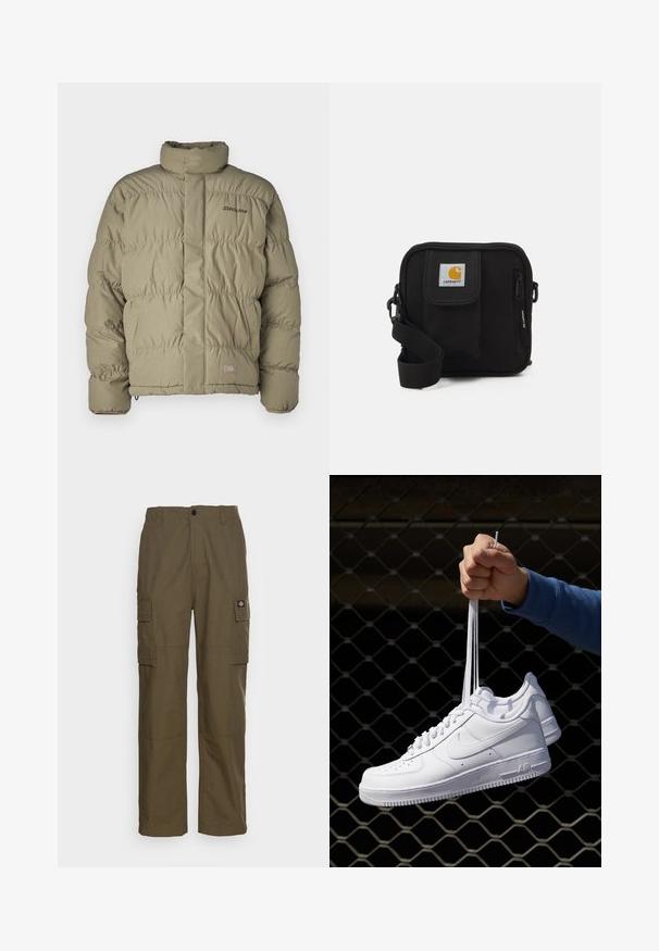 Puhastikovna jakna v olivno zeleni barvi, ki ima visok ovratnik, zadrgo z sprednje strani in elastične manšete. Oblikovanje vključuje horizontalne quiltane sekcije in podrobnosti z logotipom.; Bela kratka majica s kratkimi rokavi, narejena iz bombaža, z okroglo ovratnikom in gladko teksturo, s pravim krojem in brez vzorcev.; Kargo hlače v olivno zeleni barvi, izdelane iz trpežnega materiala. Imajo dve stranski žepi, standarden pas in ravno obliko nogavic.; Bela usnjena športna obutev s perforacijami, okroglo konico, ravnim podplatom in debelimi vezalkami, z vidnim logotipom smoosh in napisom "AIR" na peti.; Črna torba čez ramo z zadrgo v glavni preddverju, sprednjim žepom, nastavljivim trakom in vidno oznako na pokrovu.