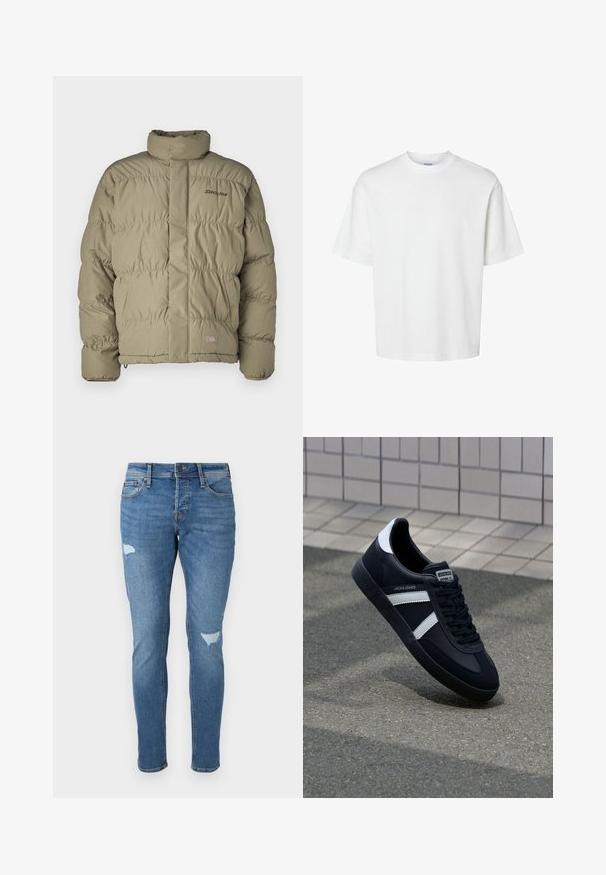 Olīvu zaļš pūkains mētelis ar augstu apkakli, ar rāvējslēdzēju priekšpusē un elastīgiem aprocēm. Dizainā ir horizontāli quiltēti sektori un logo detaļa.; Balts kokvilnas T-krekls ar īsām piedurknēm, apaļu kakla izgriezumu un brīvu piegriezumu. Gluda tekstūra bez redzamām rakstu vai akcentu detaļām.; Izbalējuši zili džinsi ar šauru piegriezumu, kas iekļauj izsistās zonas pie ceļgaliem, pogas aizdari un piecu kabatu dizainu.; Melnā ādas sporta apavi ar baltām svītrām, teksturēta gumijas zole un auklu aizdare. Iekļauj zīmola etiķeti uz mēles.