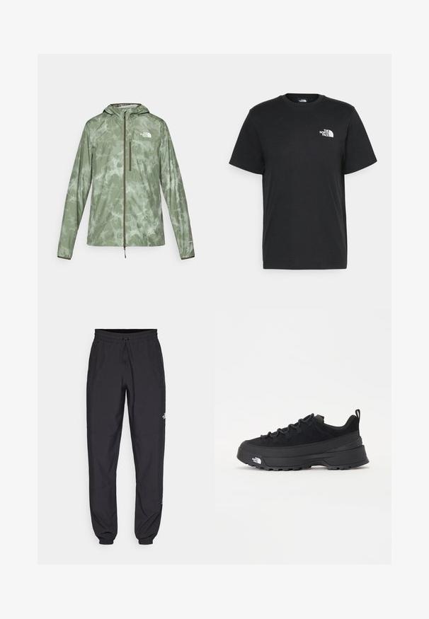 Leichte grüne Regenjacke mit Marmor-Muster, durchgehendem Reißverschluss, verstellbarer Kapuze und Logo-Akzent auf der linken Brust.; Schwarzes Baumwoll-T-Shirt mit kurzen Ärmeln, Rundhalsausschnitt und einem kleinen weißen Logo auf der linken Brust. Schlichtes Design, glatte Textur und lockere Passform.; Schwarze Sporthosen aus leichtem Stoff, mit einem Kordelzugbund, seitlichen Taschen und schmal zulaufenden Bündchen an den Knöcheln.; Schwarzer Outdoorsneaker mit einem Obermaterial aus Wildleder, strukturierter Gummisohle und robustem Schnürsystem. Verfügt über eine verstärkte Ferse und das Markenlogo an der Seite.