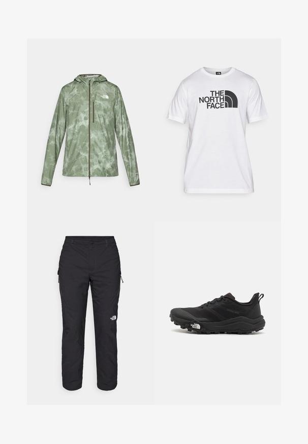 Lekki zielony płaszcz przeciwdeszczowy z marmurkowym wzorem, z pełnym zamkiem, regulowanym kapturem i akcentem logo na lewej piersi.; Biała bawełniana koszulka z czarnym nadrukiem graficznym, z tekstem i zakrzywionym logo. Okrągły dekolt i krótki rękaw. Gładka faktura.; The North Face WINTER EXPLORATION czarny; Czarne buty do biegania w terenie z teksturowaną cholewką, gumową podeszwą i wzmocnionym noskiem. Posiadają wyściełany kołnierz oraz uchwyt do łatwego zakładania.