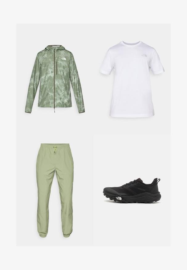 Veste de pluie verte légère avec un motif marbré, zip complet, capuche adjustable et accent de logo sur la poitrine gauche.; T-shirt en coton blanc à manches courtes et col rond. Présente un petit logo gris sur la poitrine gauche. Texture lisse, coupe standard.; Pantalons de sport vert clair avec une taille élastique, fermeture à cordon de serrage et ourlets aux chevilles ; dotés de deux poches latérales et d'une texture lisse.; Chaussure de trail running noire avec une tige texturée, semelle en caoutchouc et bout renforcé. Présente un col rembourré et une tirette pour un enfilage facile.