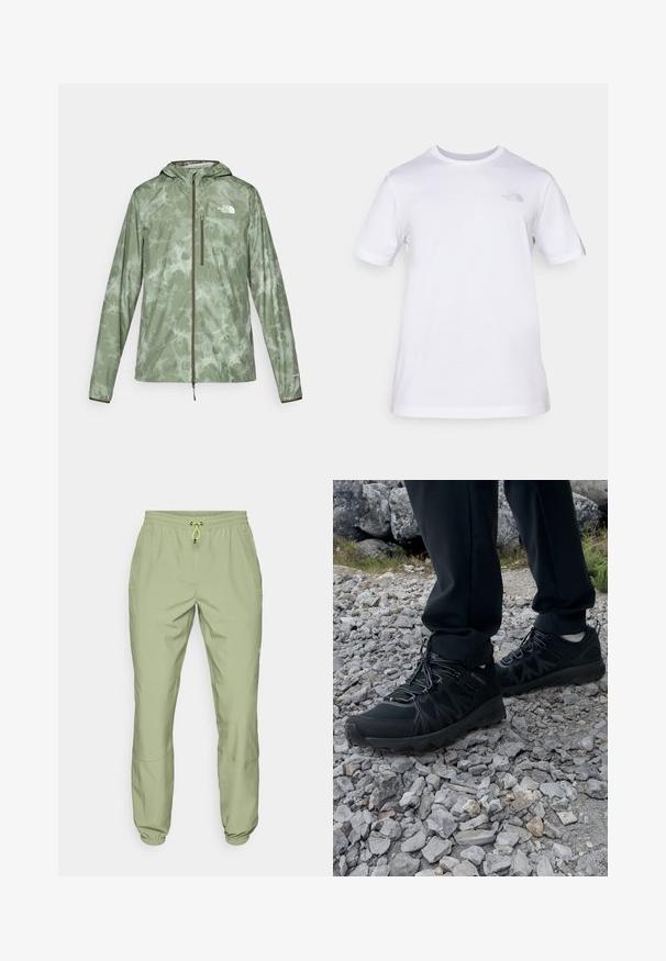 Veste de pluie verte légère avec un motif marbré, zip complet, capuche adjustable et accent de logo sur la poitrine gauche.; T-shirt en coton blanc à manches courtes et col rond. Présente un petit logo gris sur la poitrine gauche. Texture lisse, coupe standard.; Pantalons de sport vert clair avec une taille élastique, fermeture à cordon de serrage et ourlets aux chevilles ; dotés de deux poches latérales et d'une texture lisse.; Chaussures d'extérieur noires en matériau synthétique et en maille, présentant une tige texturée, un système de lacets sécurisé et une semelle extérieure robuste, sur un terrain rocailleux.