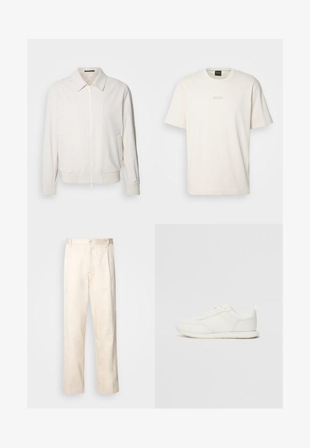 Šviesiai kreminis bomber tipo švarkas, pagamintas iš minkštos medžiagos, su užtrauktuku priekyje, gumbinėmis rankovėmis, dviem šoninėmis kišenėmis ir klasikine apykakle.; BOSS TEE - Paprasti marškinėliai - open white; Bežinės medvilninės kelnės su tiesiu kirpimu, turinčios mygtuko uždarymą ir priekyje raukšles papildomai dekoratyviam akcentui.; Balti sportbačiai su tinkline ir sintetine viršutine dalimi, apvaliu nosiu, plokščiomis raištelėmis ir tekstūruota šonine juosta. Guma, kurios padas su vilkimo kilpute gale.