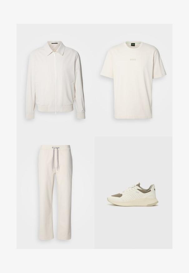 Helle Creme Bomberjacke aus weichem Stoff, mit Reißverschluss vorne, gerippten Bündchen, zwei seitlichen Taschen und einem klassischen Kragen.; BOSS TEE - T-Shirt basic - open white; Beige lässige Hosen mit einem Kordelzugbund und geraden Beinen, vor einem schlichten weißen Hintergrund präsentiert.; Weiße und hellbeige Sport Sneakers, ausgestattet mit einem Obermaterial aus Netzgewebe, perforierten Details und einer strukturierten Zwischensohle mit Branding an der Ferse.