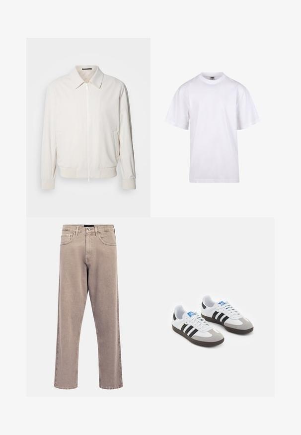 Lys creme bomberjakke lavet af blødt materiale, med lynlåslukning fortil, ribbede manchetter, to sidelommer og klassisk krave.; Hvid bomulds T-shirt med rund halsudskæring, korte ærmer og en afslappet pasform. Har et enkelt design uden mønstre eller dekorationer.; Lyse beige jeans med lige ben, en let falmet tekstur, design med fem lommer og lukning med metalknap. Fremtrædende syningsdetaljer.; Sportsko med en overdel i hvid læder, grå ruskind på tåen og tre sorte striber. Har et blåt logo på tungen og en struktureret gummisål.
