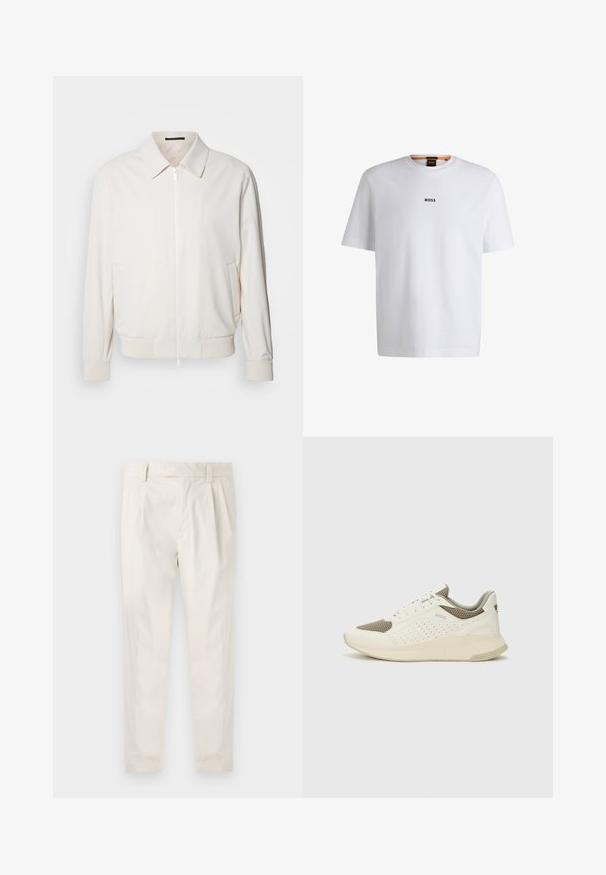 Világos krémszínű bomber dzseki puha anyagból, elöl cipzárral, bordás mandzsettákkal, két oldalzsebbel és klasszikus gallérral.; Fehér pamut póló rövid ujjakkal, középen fekete "BOSS" logóval a mellkason és kerek nyakú kialakítással.; Fehér, pliszírozott nadrág, testre szabott szabással, sima felülettel, övhurkokkal és karcsú lábszárral. Nincs látható zseb vagy minta.; Fehér és világos bézs sportcipő, légies hálós felsőrésszel, perforált részletekkel és texturált középtalppal, amelyen a saroknál a márka logója található.