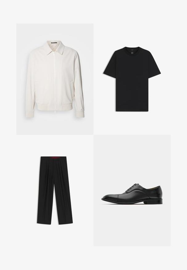 Lichtromige bomberjack gemaakt van zachte stof, met een ritssluiting aan de voorkant, ribbels bij de mouwen, twee zijzakken en een klassieke kraag.; Zwarte korte mouwen T-shirt van een gladde katoenmix, met een ronde halslijn en een minimalistisch ontwerp zonder patronen of accenten.; Zwarte wijde broek met een vlakke voorkant, twee zijzakken, geplooid ontwerp en een contrasterende rode binnenband.; Zwarte leren jurk schoen met een gladde textuur, ronde neus en vijf veterogen. Beschikt over een lage gestapelde hak en subtiele naaddetails.