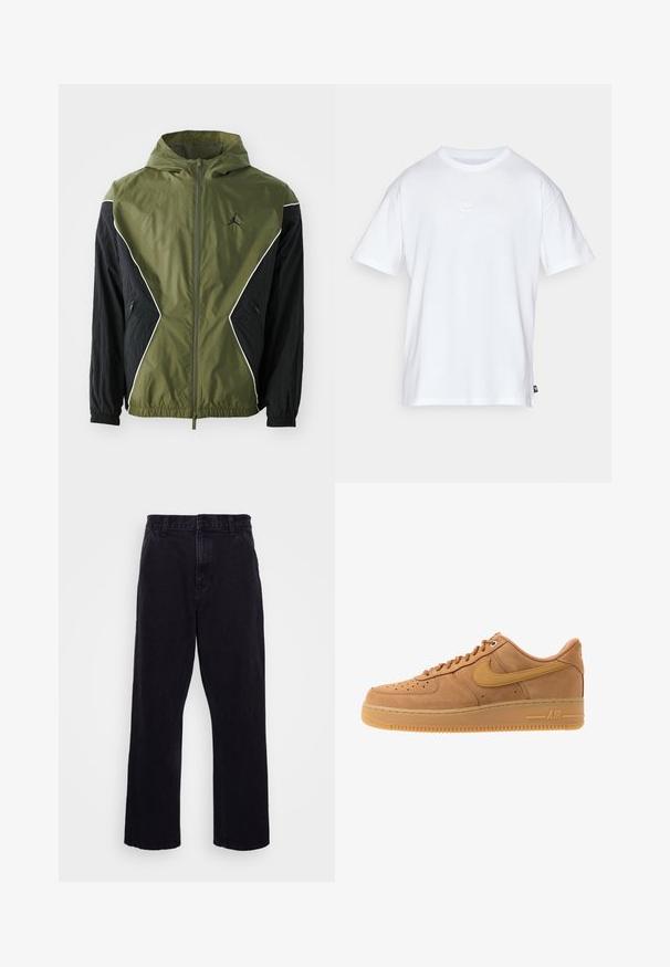 Groene en zwarte windjack met een ritssluiting aan de voorkant, contrasterende panelen en een verstelbare capuchon, voorzien van een logo en zijzakken.; Witte katoenen t-shirt met korte mouwen en een ronde hals. Heeft een klein, subtiel Nike-logo op de borst en een zijlabel.; Zwarte denim broek met een rechte pijpdesign, voorzien van een knoop- en ritssluiting, riemlussen en minimale stikdetails.; Nike Sportswear AIR FORCE 1 07 - Sneakers laag - flax/wheat/light brown/black/team gold