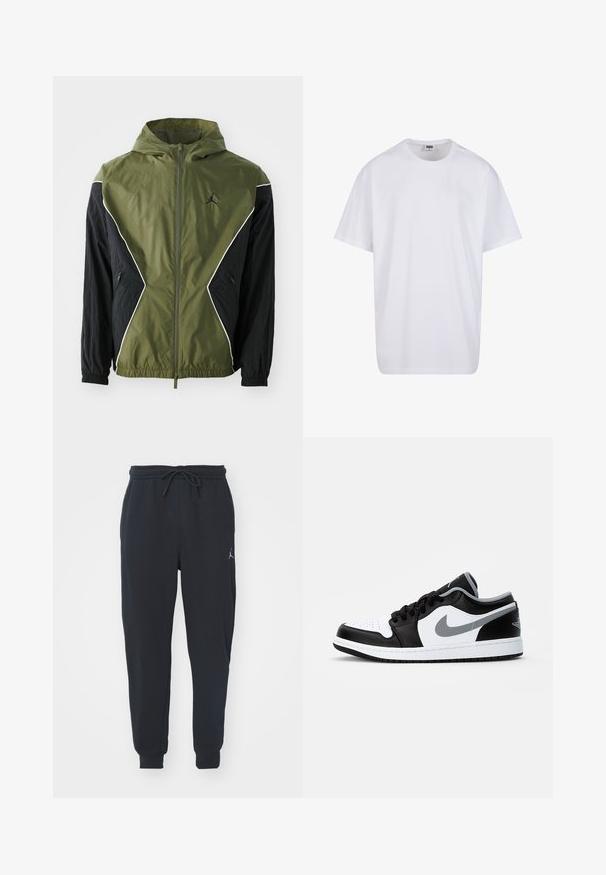 Grønn og svart vindjakke med glidelås foran, kontrasterende paneler og justerbar hette, med logo og sidelommer.; Hvit bomull t-skjorte med korte ermer, rund utringning, avslappet passform, og ingen synlige logoer eller mønstre. Glatt tekstur og minimalistisk design.; Svart joggebukse laget av myk stoff, med elastisk midje med snøring, ribbede mansjetter og en liten logo på venstre lår.; Jordan AIR JORDAN 1 LOW - Joggesko - black/particle grey-white