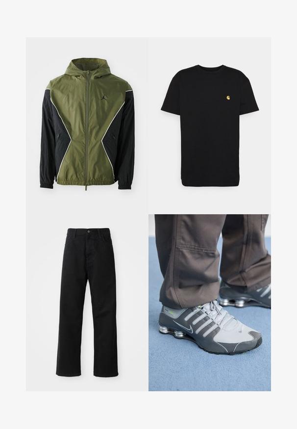Zelená a černá větrovka s zipem vpředu, kontrastními panely a nastavitelnou kapucí, obsahující logo a boční kapsy.; Černé bavlněné tričko s krátkým rukávem, kulatým výstřihem a malým žlutým logem na levé části hrudi. Jednoduchý design a klasický střih.; Černé džínové kalhoty s rovný střih, s předními kapsami, zipovým zapínáním a jedním horním knoflíkem. Texturovaná látka s matným povrchem.; Šedé a stříbrné tenisky Nike Shox mají elegantní design, s použitím síťoviny a syntetických materiálů, zaoblenou špičku a polstrovaný límec.