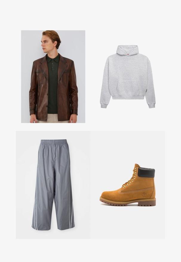 Bruine leren jas met een getailleerde pasvorm, voorzien van een geknipte kraag, voorzakken met rits en een gladde textuur. Draagt over een donkergroene polo.; Lichtgrijze pullover hoodie van een zachte katoenmix. Voorzien van een kangoeroezak, ribgebreide manchetten en een capuchon met trekkoord in een minimalistisch ontwerp.; Grijze, lichte, synthetische broek met wijde pijpen, een elastische tailleband en witte zijkanten. Glide textuur met een casual ontwerp.; Tan suède enkelboot met zwart gevoerd kraagje, gouden metalen oogjes, witte stikdetails en een robuuste rubberen zool met uitgesproken profiel.