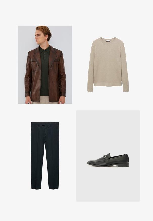 Bruine leren jas met een getailleerde pasvorm, voorzien van een geknipte kraag, voorzakken met rits en een gladde textuur. Draagt over een donkergroene polo.; Beige ribbeltrui met lange mouwen, ronde hals en een afgesneden zoom. De stof lijkt zacht met een textuurpatroon.; Zwarte broek van gladde stof, met een rechte snit, twee voorzakken en een op maat gemaakte tailleband met riemlussen.; Zwarte leren instapper met een gladde afwerking, voorzien van een gestikt ontwerp en een decoratieve metalen kettingaccent over de wreef. Platte hak.
