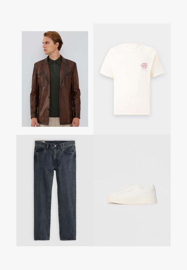 Braune Lederjacke mit taillierter Passform, ausgestattet mit einem Reverskragen, vorderen Reißverschlusstaschen und glatter Textur. Getragen über einem dunkelgrünen Polo.; Weißes T-Shirt mit kurzen Ärmeln und rotem Text "Studio Originals Edition" auf der linken Brust, präsentiert vor einem neutralen grauen Hintergrund.; Dunkelblaue Jeans aus Denim mit geradem Bein, fünf Taschen und einem Knopfverschluss. Der Stoff weist eine subtile Ausbleichung und Textur auf.; Weiße Slip-On-Sneaker mit einer strukturierten Oberfläche, dicker Sohle und minimalistischem Design. Mit Logo der Marke an der Seite.