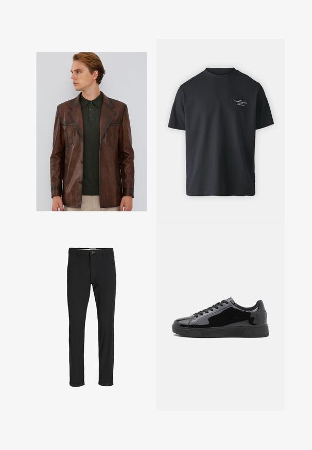 Bruine leren jas met een getailleerde pasvorm, voorzien van een geknipte kraag, voorzakken met rits en een gladde textuur. Draagt over een donkergroene polo.; Zwarte katoenen t-shirt met ronde hals, korte mouwen en een kleine witte tekstprint op de voorkant, met een relaxte pasvorm en een gladde textuur.; Zwarte katoenen broek van een katoenmix met een slim fit, voorzien van een knoopsluiting, zakken en opgerolde mouwen voor een casual afwerking.; Zwarte gepoetste lederen sneakers met een ronde neus, platte rubberen zool en zwarte veters. Glad, glanzend oppervlak op de bovenzijde.