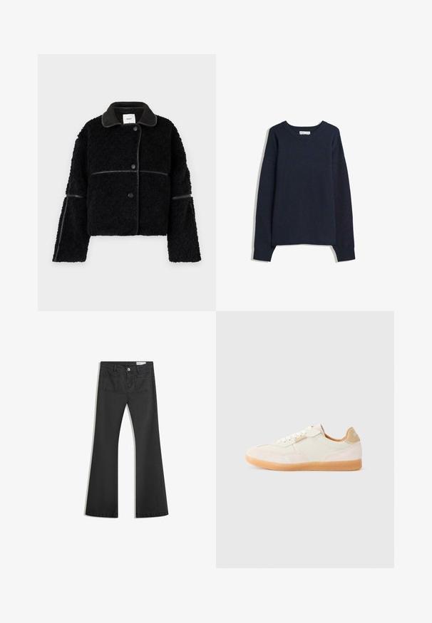 Svart kort jacka i fluffigt material med en slät skinnliknande krage och detaljer. Har knäppning med knappar och vida ärmar.; Marinblå tröja med V-hals, långa ärmar, ribbade ärmslut och nederkant. Tillverkad av mjukt stickat material, med en avslappnad passform och minimalistisk design.; Svarta utsvängda jeans i denim med en jämn textur, med två bakfickor och knäppning vid midjan.; Ljusbeige sneakers med en kombination av släta och mockaskinnmaterial, som har snörning, gummisålar och en tan-färgad klackaccent.