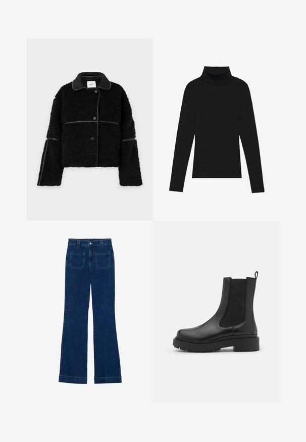 Sort cropped jakke lavet af fluffy materiale med en glat læderlignende krave og detaljer. Har knaplukning og brede ærmer.; Sort højhalset bluse med lange ærmer, lavet af ribbet stof, har et tætsiddende design med en høj krave og uden mønstre eller detaljer.; Mørkeblå flared jeans i denim med en glat tekstur, fem-lomme design og en knaplukning i taljen.; Sorte læder ankelstøvler med elastiske sidepaneler, kraftig gummisål og trækkrog. Glat tekstur med et stilrent design.