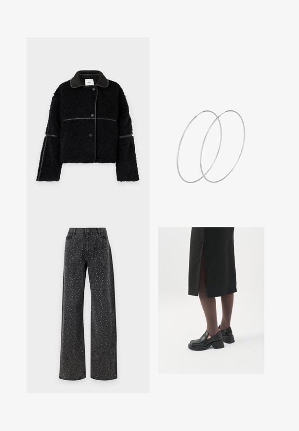 Schwarze, kurze Jacke aus flauschigem Material mit einem glatten, lederähnlichen Kragen und Akzenten. Verfügt über einen Knopfverschluss und weite Ärmel.; Schwarzer Body mit langen Ärmeln, ausgestattet mit einem Mesh-V-Ausschnitt und gerafften Schultern. Glattes Material mit taillierter Passform.; Noisy May NMJANNEL LOOSE - Jeans Relaxed Fit - black denim; Schwarze Lederschuhe mit abgerundetem Zeh, dicker Blockabsatz und elastischen seitlichen Akzenten, kombiniert mit dunklen Strumpfhosen und einem schwarzen Rock mit Schlitz.; Silberne Creolen mit minimalistischem Design. Rundform, glatte Oberfläche und dünnes Profil. Leichtgewichtig mit hochglänzender Oberfläche.