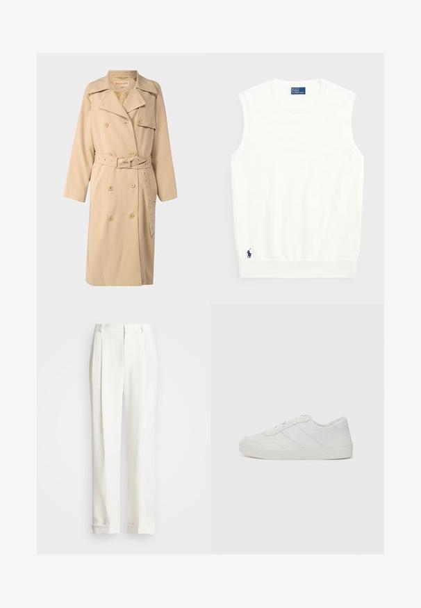 Beige, doppelreihiger Trenchcoat mit taillierter Gürtellinie, großen Revers, Seitentaschen und Knopfdetails. Hergestellt aus einem glatten, gewebten Stoff.; Weißer ärmelloser Pullover aus glattem Baumwollmaterial, mit einem gerippten Saum und einem kleinen marineblauen Logo unten links. Einfaches Design, keine Muster.; Weiße maßgeschneiderte Hosen mit zwei vorderen Falten, geradem Schnitt und umgeschlagenen Säumen. Aus glattem Stoff gefertigt, mit klassischem Design.; Weiße Leder-Sneaker mit flachen Schnürsenkeln, abgerundetem Zehenbereich und dezenten Steppnähten. Verfügt über eine strukturierte Sohle und ein eingeprägtes Markenlogo an der Ferse.