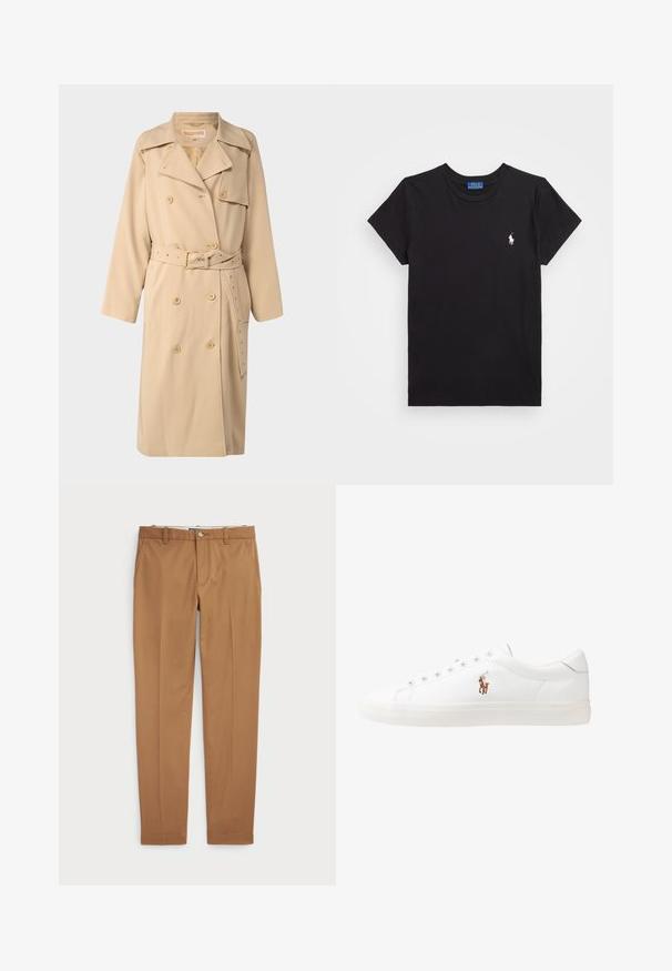 Bež gostujoči plašč z dvema vrstama gumbov in pasom, velikimi reverji, stranskimi žepi in podrobnostmi z gumbi. Narejen iz gladkega, tkanega materiala.; Črna bombažna majica s krožnim izrezom, kratkimi rokavi in belim vezenim logojem na levem prsnem delu. Gladka tekstura, ležeren dizajn.; Rjave bombažne hlače s slim-fit obliko, ravnim sprednje delom in standardnimi žepi; gladka tekstura in obrobljeni robovi.; Bela usnjena teniski čevlji, nizki model, z gladko teksturo, okrogle konice, vezavi spredaj ter majhnim vezenim logotipom na strani.