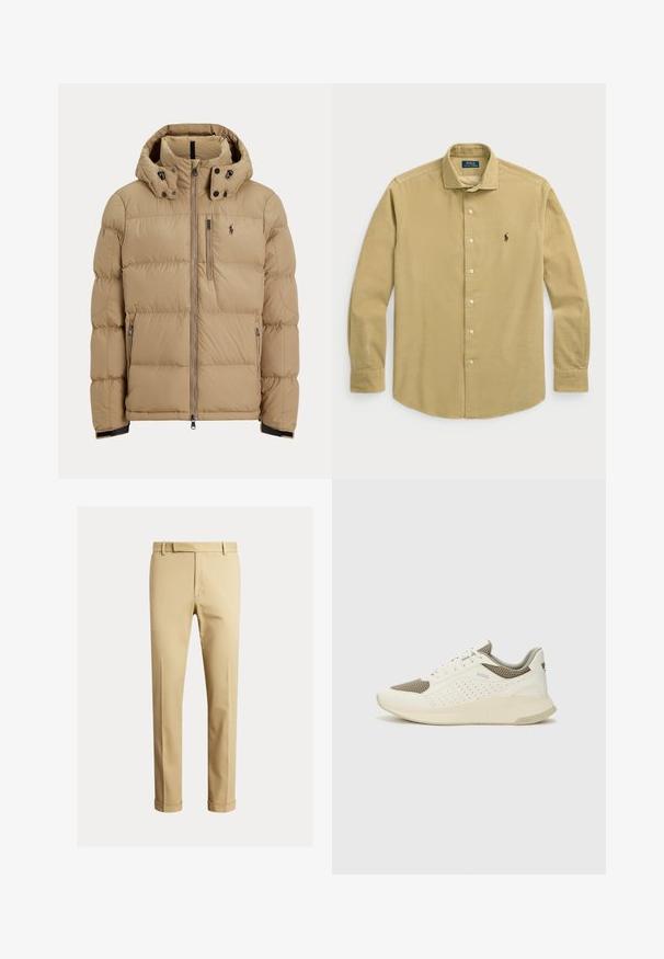 Casaco acolchoado bege com fecho éclair frontal, capuz destacável, punhos elásticos, dois bolsos laterais e um pequeno logótipo no peito esquerdo.; Camisa de manga longa em khaki claro, feita de algodão, com colarinho abotoado, botões frontais e um pequeno logótipo bordado no peito.; Chinos caqui feitos de um tecido de algodão suave, com um design ajustado, pregas frontais e punhos no tornozelo para um visual afinado.; Sapatilha atlética branca e bege claro, com parte superior em malha, detalhes perfurados e uma entressola texturizada com marcação no calcanhar.