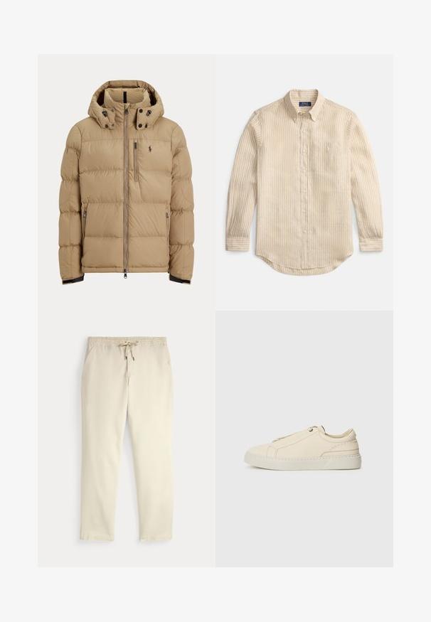 Rudos spalvos pūkinė striukė su užtrauktuku priekyje, nuimamu gobtuvu, elastiniais rankogaliais, dviem šoninėmis kišenėmis ir mažu logotipu kairėje krūtinės pusėje.; Šviesiai ruda ilgarankovė marškiniai su baltomis vertikaliomis juostelėmis, pažeminta apykakle su sagomis, krūtinės kišenėle ir „Polo Ralph Lauren“ etikete ant vidinės apykaklės dalies.; Oficialiai balti kasdieniniai kelnės su elastiniu juosmeniu ir raišteliu, tiesiomis kojomis ir šoninėmis kišenėmis prieš paprastą foną.; Kreminio odos sportbačiai su apvaliu nosiu, minimalistiniu dizainu, subtiliomis siuvimo detalėmis ir tekstūrine viršutine dalimi, ant šviesios pado.