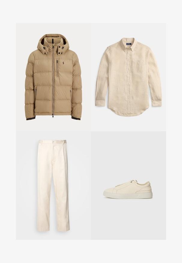 Beež puffer-jope, millel on esil lukk, eemaldatav kapuuts, elastsed mansetid, kaks küljetaskut ja vasakul rinnal väike logo.; Beežika pika varrukaga nööpidega särk valgete vertikaalsete triipudega, nööbitava krae, rinnatasku ja krae sees oleva "Polo Ralph Lauren" sildiga.; Beesidised puuvillased püksid sirge jala lõikega, mis on varustatud nööpkinnituse ja ees olevate voltidega, et lisada detaili.; Beige nahkased kingad ümmarguse varbaga, minimalistlik disain, peened õmbluse detailid ja tekstureeritud pealispind, heledal tallal.
