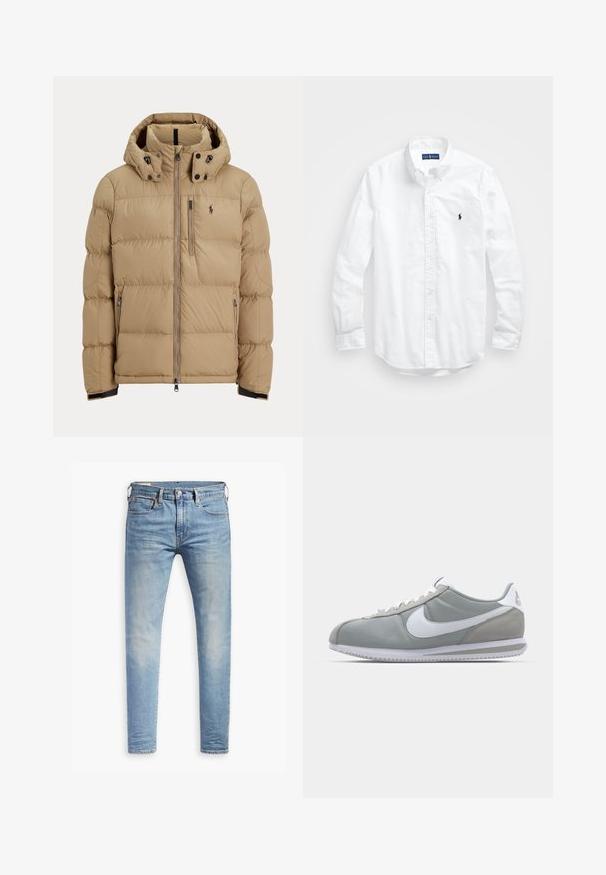 Vaaleanruskea toppatakki, jossa vetoketjullinen etuosa, irrotettava huppu, joustavat hihansuut, kaksi sivutaskua ja pieni logo vasemmassa rinnassa.; Valkoinen pitkähihaisessa napitetussa paidassa, joka on valmistettu puuvillasta. Siinä on klassinen kaulus, napilliset hihansuut ja pieni tummansininen brodeerattu logo rinnassa.; Vaaleansiniset slim fit -farkut, joissa on hieman haalistumista reiden kohdalla, edessä nappisuljenta, vyölenkit ja viisi taskua valkoista taustaa vasten.; Harmaa urheilujalkine, jossa on mokka- ja tekstiilipäällinen, valkoinen Nike-tikkukiinnitys ja valkoiset nauhat. Varusteena on kuvioitu kumipohja ja pehmustettu nilkkaosa.