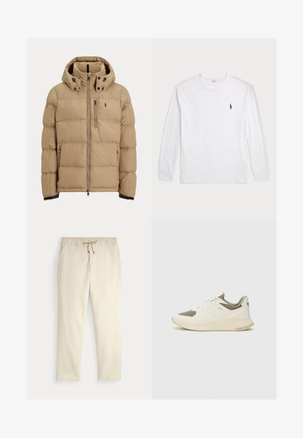 Brūna pūķa jaka ar rāvējslēdzēju priekšpusē, noņemamu kapuci, elastīgiem aprocēm, divām sānu kabatām un mazu logotipu kreisajā krūtīs.; Baltas garām piedurknēm T-krekls, izgatavots no kokvilnas. Tam ir apaļa kakla izgriezne, ribotas piedurknes un neliels tumši zilas polo logo kreisajā krūtī.; Off-white ikdienas bikses ar elastīgu jostu un auklu, taisnām kājām un sānu kabatām uz vienkārša fona.; Baltas un gaiši bež sporta apavi, ar sieta augšdaļu, perforētiem detaļām un teksturētu vidusdaļu ar zīmolu uz papēža.