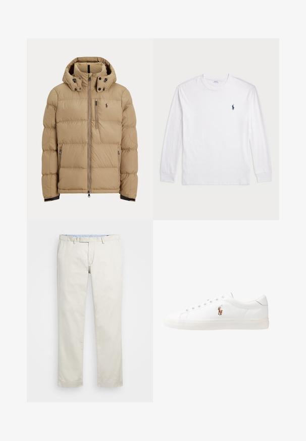 Rudos spalvos pūkinė striukė su užtrauktuku priekyje, nuimamu gobtuvu, elastiniais rankogaliais, dviem šoninėmis kišenėmis ir mažu logotipu kairėje krūtinės pusėje.; Balta ilgomis rankovėmis marškinėliai iš medvilnės. Gali būti apvalios formos kaklas, raukšlės ant rankovių, ir nedidelis tamsiai mėlynas polo logotipas kairėje krūtinės pusėje.; Šviesiai rudi medvilniniai chinos tipo kelnės su plokščiu priekiniu dizainu, diržo kilpomis ir šoninėmis kišenėmis. Tiesaus kirpimo dizainas su lygiu paviršiumi ir lengvu, kvėpuojančiu jausmu.; Baltos odinės sportbačiai, žemo profilio, su lygia tekstūra, apvalia nosimi, raištelių sistema priekyje ir mažyte siuvinėta logo šone.